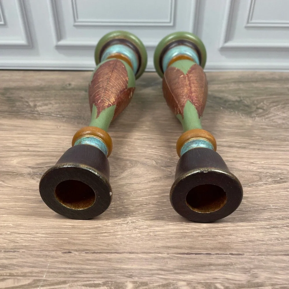 Wood Candlestick Holders Gold Leaf Green Brown Blue Artisan Handcrafted Set of 2